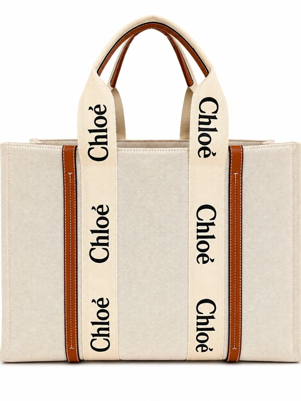 Chloe Beige Canvas Tote with Tan Leather Trim and Logo Straps